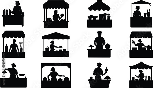 Silhouette of women at food stalls, street market vendors, cooking, serving, local produce, chef at counter, black illustration design