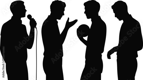 Silhouette of young men standing, holding microphone, bowling ball, having conversation, checking time, casual interaction, black and white, male group activities