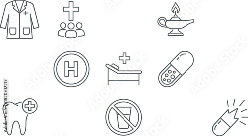 Healthcare icons, medical symbols, hospital graphics, patient care visuals, dental health, medication, nursing, diagnostics, wellness, prohibition signs