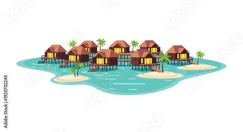 A cluster of overwater bungalows with brown roofs and palm trees arranged on small islands in the blue ocean.