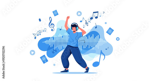 Joyful Listener Dancing With Musical Notes And A Sonic Wave In A Vibrant Illustration