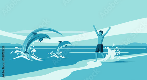 Joyful Man With Dolphins Leaping From Waves On A Sunny Day