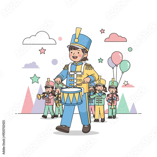 Joyful Marching Band Parade Celebrating Childhood With Cheerful Children Performing Music