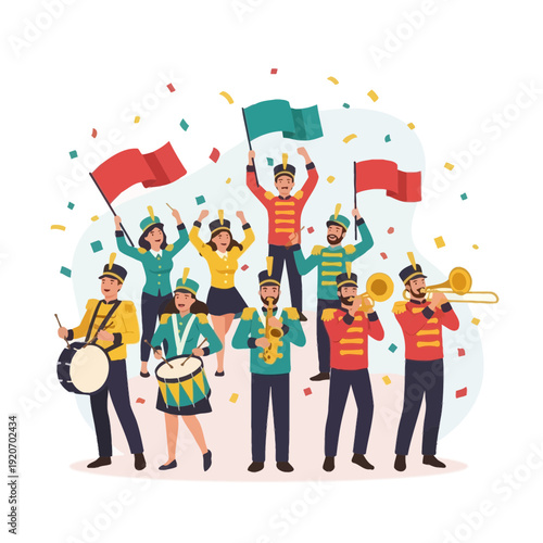 Joyful Marching Band Performance With Festive Confetti and Flags