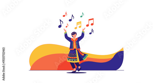 Joyful Musician Dancing And Celebrating Music With Floating Musical Notes