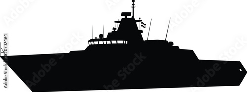 Vector silhouette of a modern military naval ship or coast guard cutter isolated on white background, black warship icon for maritime and defense projects
