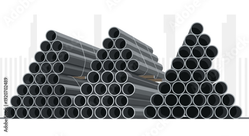 Three large triangular piles of gray metal pipes are neatly stacked on wooden pallets in an industrial setting.