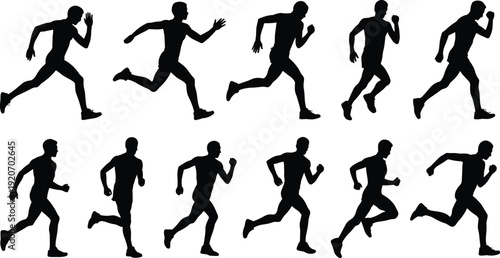 Silhouette sequence of man running fast, athlete sprinting stages, fitness motion illustration, human running cycle, sport exercise activity