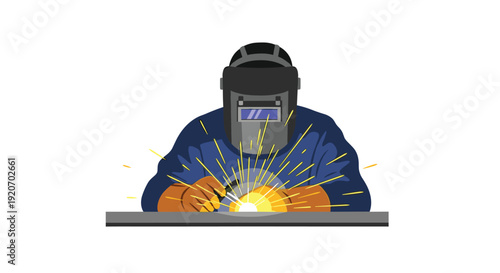 A welder in protective gear is actively working on a metal surface, generating bright sparks from the welding process.