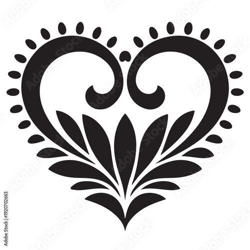 Elegant black ornate heart shape featuring bottom stylized floral element and swirling upper scrolls for decorative baroque design