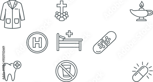 Healthcare icons, medical symbols, hospital graphics, patient care visuals, dental health, medication, nursing, wellness, diagnostics, prohibition signs
