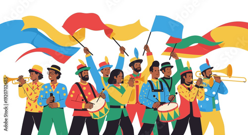 Joyful Parade Of Musicians And Performers In Festive Attire With Flags And Instruments