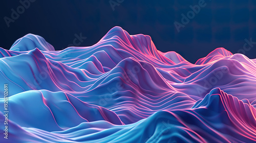 Abstract 3D terrain with neon blue and pink glowing light ripples