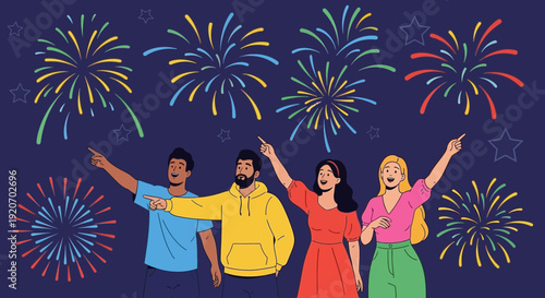 Joyful People Admiring Colorful Fireworks Display On Dark Night Sky