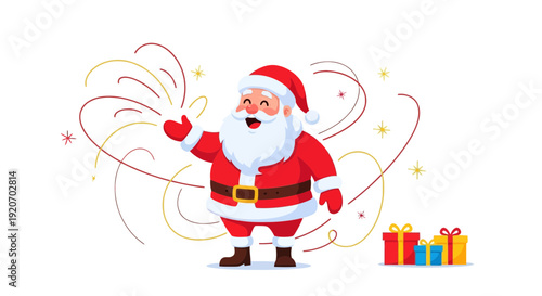 Joyful Santa Claus With Festive Fireworks And Gifts On White Background