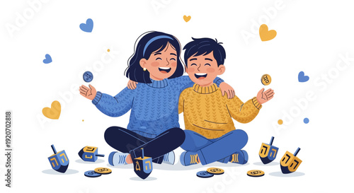 Joyful Siblings Celebrate Hanukkah With Dreidels And Gelt