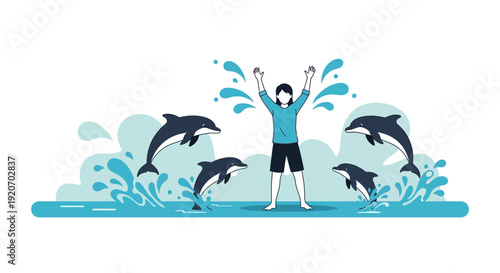 Joyful Person Celebrates With Dolphins Leaping From Water