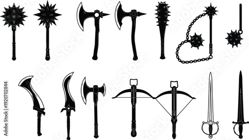 Silhouette set of medieval weapons including maces, axes, swords, crossbows, flail, battle gear, historical armory, combat tools, weapon collection design