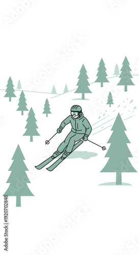 Joyful Skier Descends Snowy Slopes Amidst Pine Forest Nature