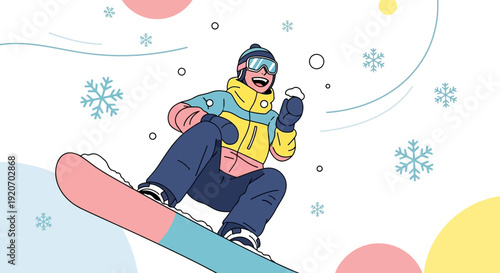 Joyful Snowboarder Riding Downhill Amidst Falling Snowflakes