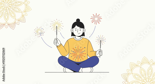 Joyful Person Celebrating Festival With Sparklers And Mandala Decoration In Illustration