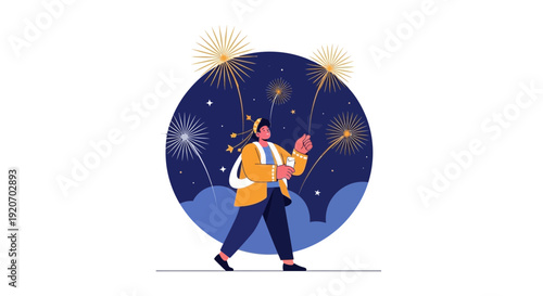Joyful Person Celebrating Outdoors with Fireworks and a Refreshing Beverage