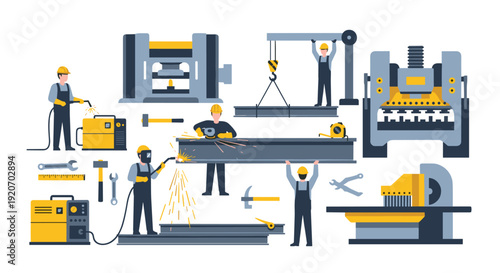 A comprehensive illustration depicts workers and various heavy machinery engaged in different metalworking and construction industry tasks.