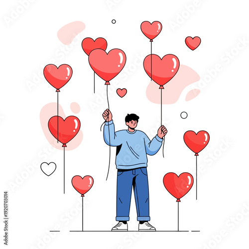 Joyful Person Holding Many Heart Shaped Balloons Expressing Love and Affection