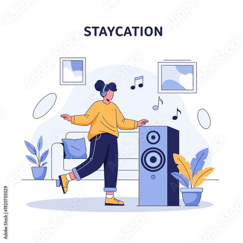 Joyful Staycation: A Young Person Reveling in Music and Indoor Entertainment Freedom