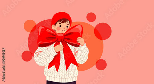 Joyful Person Holding Huge Red Bow Illustration Presenting Gift and Celebrating