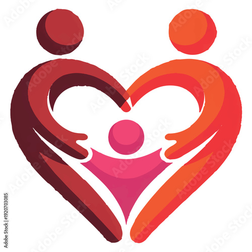 Abstract family icon showing two parental figures forming heart shape around small child figure symbolizing love and protection colorful gradients