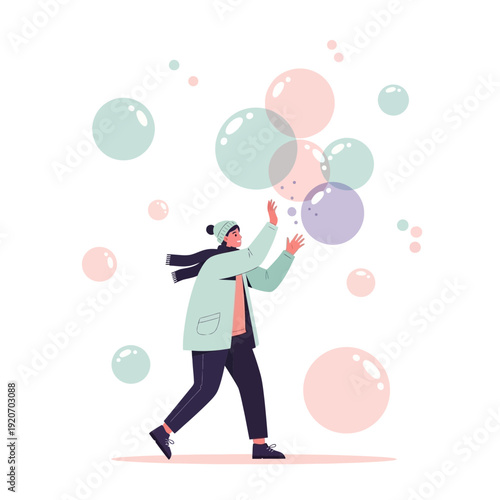 Joyful Person Interacting With Bubbles Floating Upwards, Dreamy and Playful Illustration