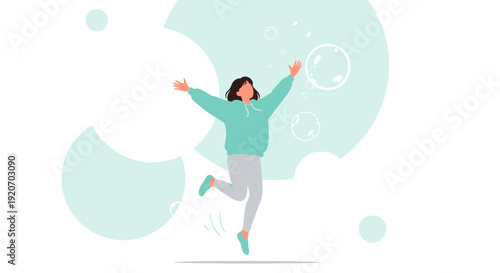 Joyful Person Mid-Air With Bubbles And Abstract Shapes
