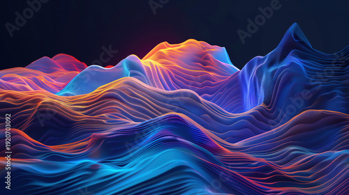 Abstract 3D terrain with neon blue and pink glowing light ripples