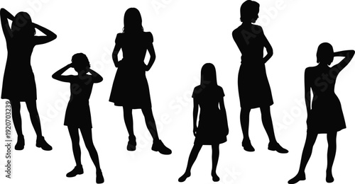 Vector silhouettes of young women and girls in various fashion poses standing isolated on white background, female figures set for lifestyle design projects