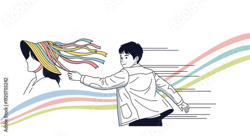 Joyful Pursuer Reaching For Colorful Streamers, Capturing Playful Spirit and Movement