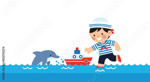 Joyful Sailor Boy Plays With Dolphin Near Toy Boat At Sea