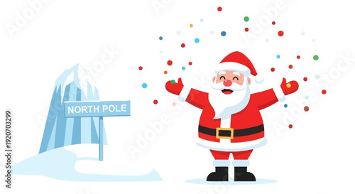 Joyful Santa Claus Celebration At North Pole With Confetti Snowfall
