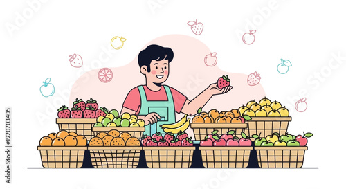 Joyful Vendor Presents Fresh Fruits At Bustling Market Stall Illustration