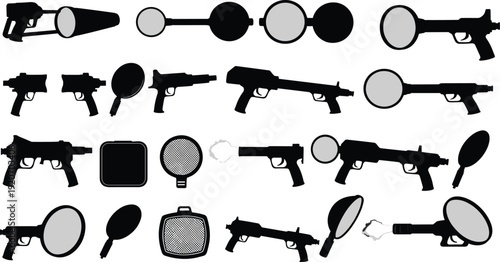Silhouette, Weapon, Gun, Pistol, Revolver, Firearm, Magnifier, Glass, Swatter, Hybrid, Object, Tool, Symbol, Icon, Design, Concept, Creative, Illustration, Vector, Graphic