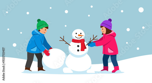 Joyful Winter Activity Children Building Snowman Together Outdoors
