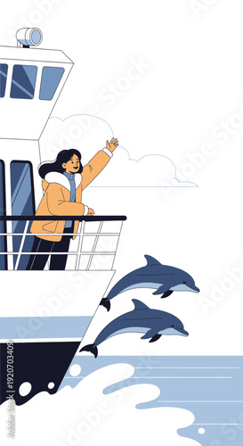 Joyful Wave To Dolphins From Ship Deck During Ocean Voyage