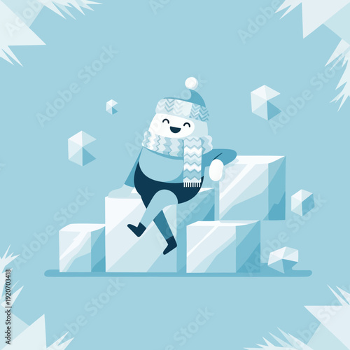 Joyful Winter Character Relaxing Amidst Icy Cubes and Frosty Designs