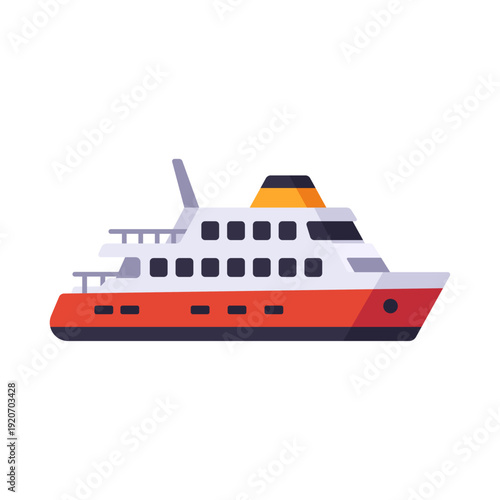 red and white ship, passenger ferry transport, colorful vector flat style illustration
