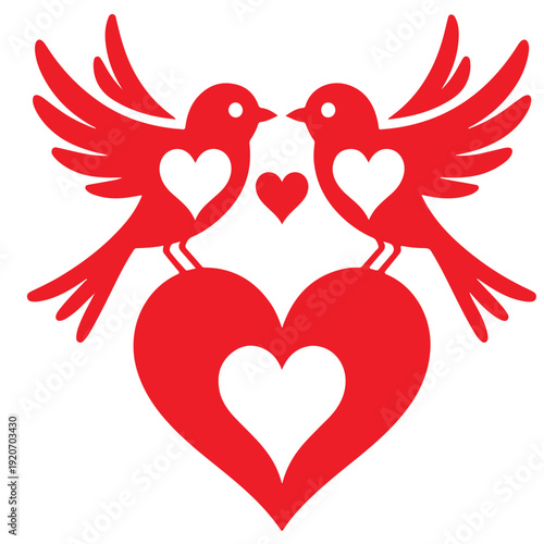 Red love birds silhouette perched on heart with heart shapes inside for romantic celebration valentine day card design
