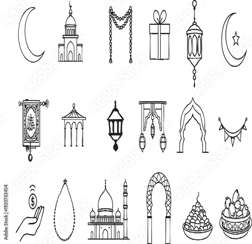 Islamic vector icons collection with crescent moon lantern mosque prayer beads charity celebration food and spiritual cultural design