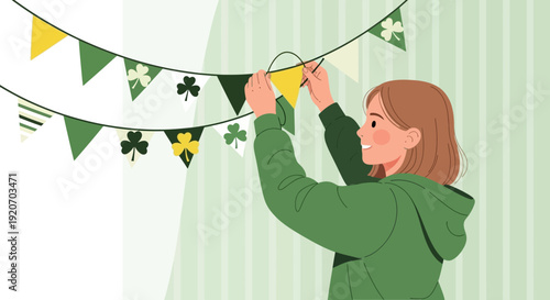 Joyful Young Person Decorates With Shamrock Bunting For Festive Occasion