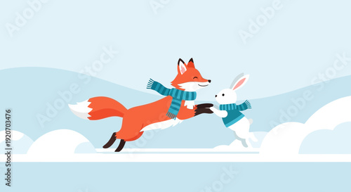Joyful Winter Fox And Rabbit Friends Playfully Together
