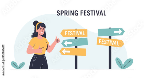 Joyful Young Woman Approves of Festival Direction Signs