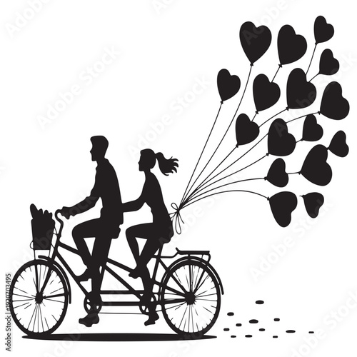 Silhouette couple riding tandem bicycle with heart shaped balloons attached to back rack representing love romance summer activity together outdoors journey through life symbolic illustration